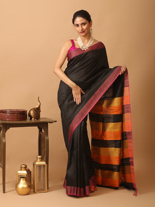 Black Bhagalpuri Handwoven Pure Dupion Silk Saree With Magenta Border
