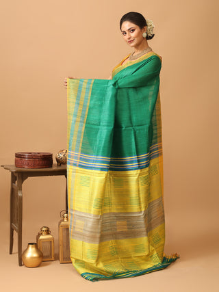 Emerald Green Bhagalpuri Handwoven Pure Dupion Silk Saree With Lemon Yellow Border