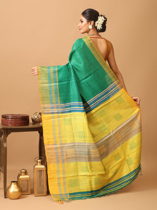 Emerald Green Bhagalpuri Handwoven Pure Dupion Silk Saree With Lemon Yellow Border