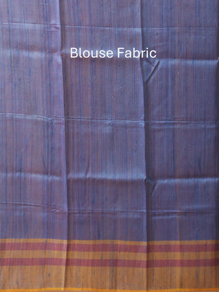 Carmine Red Bhagalpuri Handwoven Pure Dupion Silk Saree With Denim Blue Border