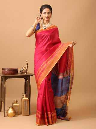Carmine Red Bhagalpuri Handwoven Pure Dupion Silk Saree With Denim Blue Border