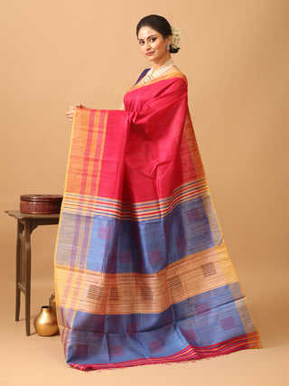 Carmine Red Bhagalpuri Handwoven Pure Dupion Silk Saree With Denim Blue Border