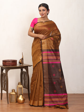 Bronze Colour Bhagalpuri Handwoven Pure Dupion Silk Saree With Fuchsia And Wine Coloured Pallu