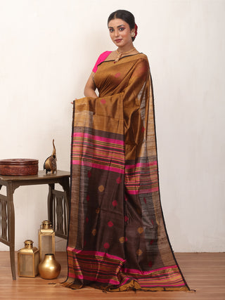 Bronze Colour Bhagalpuri Handwoven Pure Dupion Silk Saree With Fuchsia And Wine Coloured Pallu