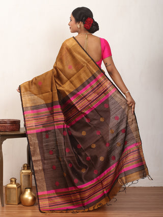 Bronze Colour Bhagalpuri Handwoven Pure Dupion Silk Saree With Fuchsia And Wine Coloured Pallu
