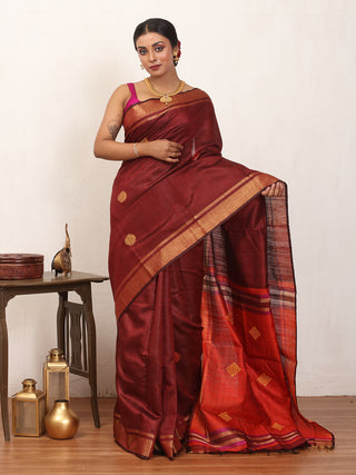 Wine Colour Bhagalpuri Handwoven Pure Dupion Silk Saree With Deep Orange And Magenta Pallu