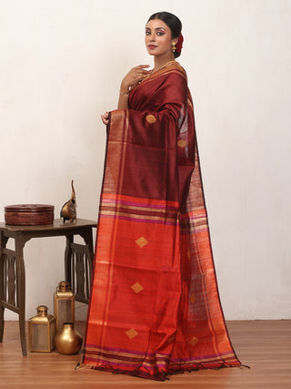 Wine Colour Bhagalpuri Handwoven Pure Dupion Silk Saree With Deep Orange And Magenta Pallu