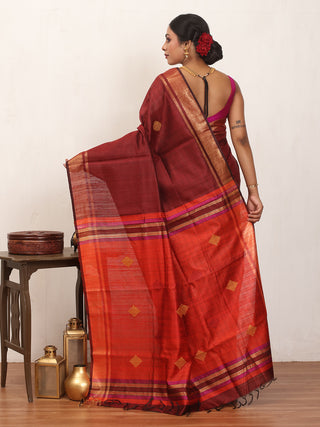 Wine Colour Bhagalpuri Handwoven Pure Dupion Silk Saree With Deep Orange And Magenta Pallu