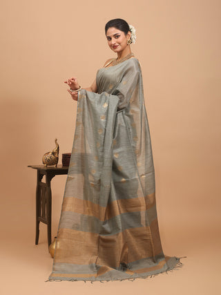 Grey Kota Banswara Saree With Antique Golden Zari Temple Border