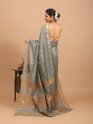Grey Kota Banswara Saree With Antique Golden Zari Temple Border