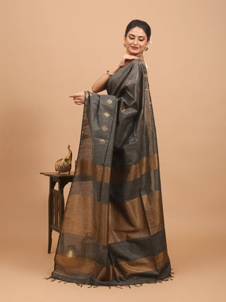 Charcoal Black Kota Banswara Saree With Antique Golden Zari Temple Border