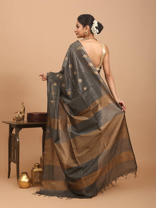 Charcoal Black Kota Banswara Saree With Antique Golden Zari Temple Border