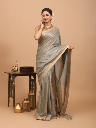 Light Grey Kota Viscose Saree With Golden Border