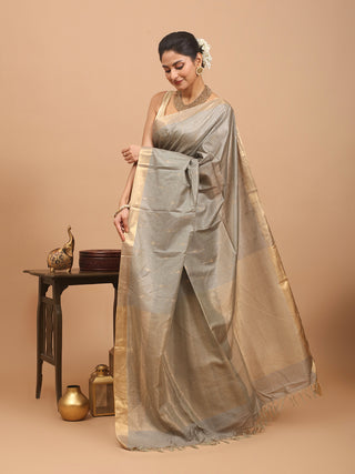 Light Grey Kota Viscose Saree With Golden Border