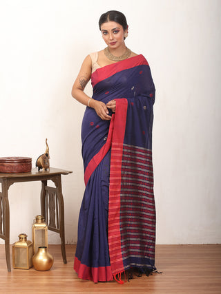 Navy Blue And Red Bengal Handloom Cotton Saree With Geometric Weaves
