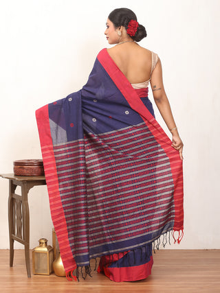 Navy Blue And Red Bengal Handloom Cotton Saree With Geometric Weaves
