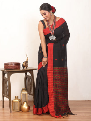 Black And Red Bengal Handloom Cotton Saree With Multicolour Geometric Weaves