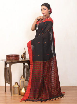 Black And Red Bengal Handloom Cotton Saree With Multicolour Geometric Weaves