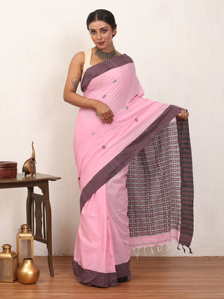 Pink And Gray Bengal Handloom Cotton Saree With Geometric Weaves