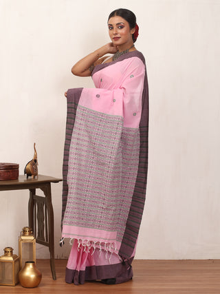 Pink And Gray Bengal Handloom Cotton Saree With Geometric Weaves
