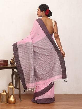 Pink And Gray Bengal Handloom Cotton Saree With Geometric Weaves