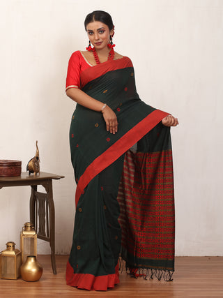 Bottle Green And Red Bengal Handloom Cotton Saree With Multicolour Geometric Weaves