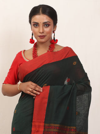Bottle Green And Red Bengal Handloom Cotton Saree With Multicolour Geometric Weaves