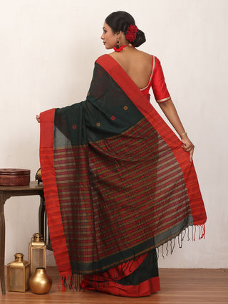 Bottle Green And Red Bengal Handloom Cotton Saree With Multicolour Geometric Weaves