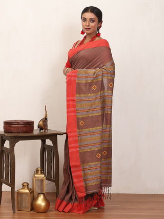 Brown And Red Bengal Handloom Cotton Saree With Multicolour Geometric Weaves