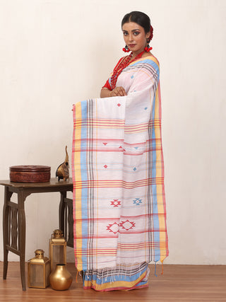 White Bengal Handloom Cotton Saree With Red And Blue Bhujodi Inspired Weaves