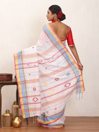 White Bengal Handloom Cotton Saree With Red And Blue Bhujodi Inspired Weaves