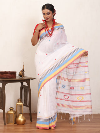 White Bengal Handloom Cotton Saree With Red And Blue Bhujodi Inspired Weaves