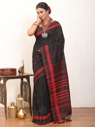 Black Bengal Handloom Cotton Saree With Red Bhujodi Inspired Weaves