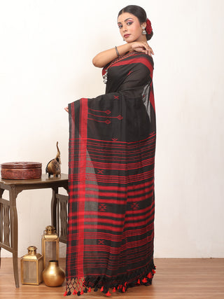 Black Bengal Handloom Cotton Saree With Red Bhujodi Inspired Weaves
