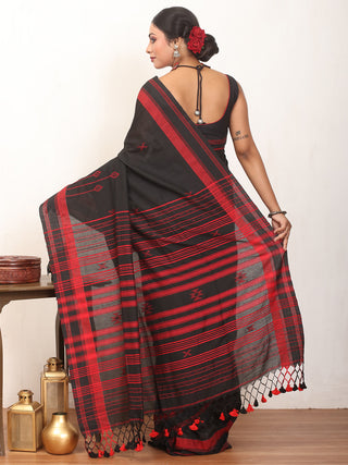Black Bengal Handloom Cotton Saree With Red Bhujodi Inspired Weaves