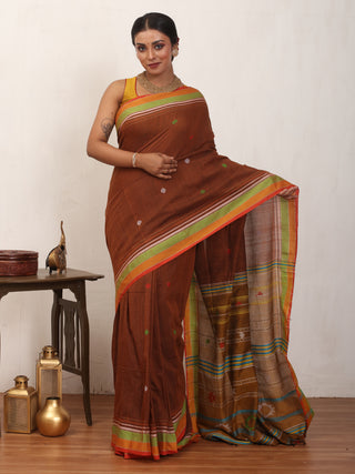 Brown Bengal Handloom Cotton Saree With Multicolour Border And Bhujodi Inspired Weaves