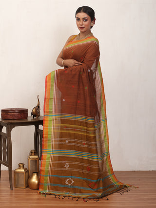 Brown Bengal Handloom Cotton Saree With Multicolour Border And Bhujodi Inspired Weaves