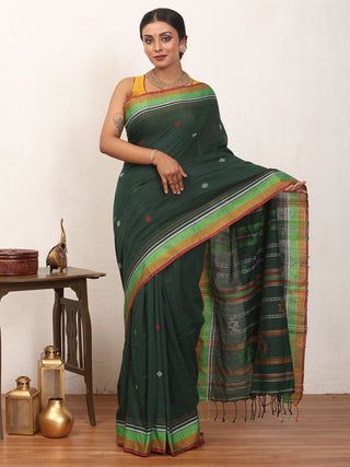 Bottle Green Bengal Handloom Cotton Saree With Multicolour Border And Bhujodi Inspired Weaves