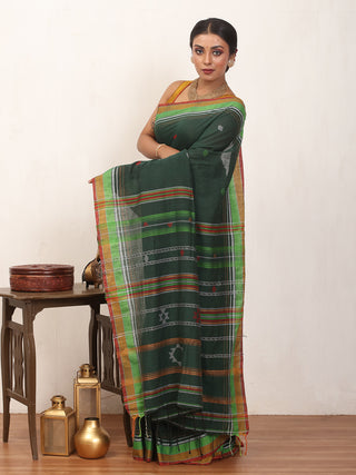 Bottle Green Bengal Handloom Cotton Saree With Multicolour Border And Bhujodi Inspired Weaves