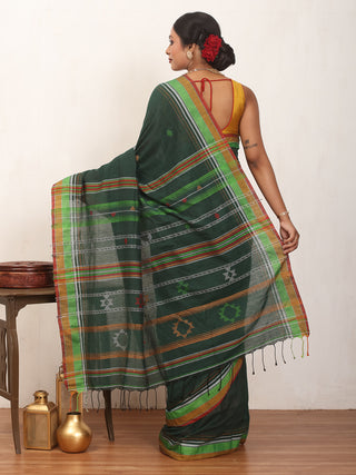 Bottle Green Bengal Handloom Cotton Saree With Multicolour Border And Bhujodi Inspired Weaves