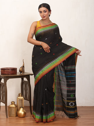 Black Bengal Handloom Cotton Saree With Multicolour Border And Bhujodi Inspired Weaves
