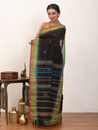 Black Bengal Handloom Cotton Saree With Multicolour Border And Bhujodi Inspired Weaves