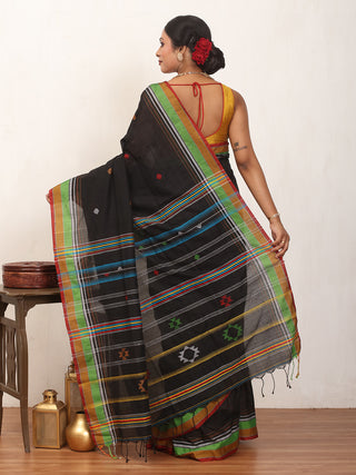 Black Bengal Handloom Cotton Saree With Multicolour Border And Bhujodi Inspired Weaves