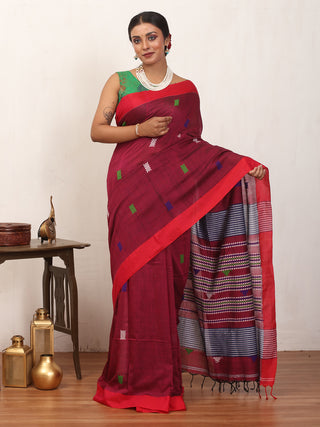 Maroon And Red Bengal Handloom Cotton Saree With Multicolour Bhujodi Inspired Weaves On Body And Pallu