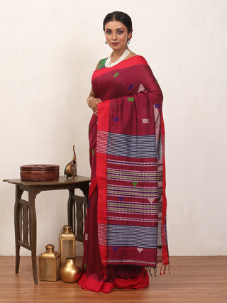 Maroon And Red Bengal Handloom Cotton Saree With Multicolour Bhujodi Inspired Weaves On Body And Pallu