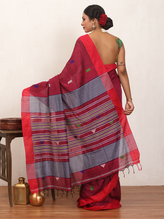 Maroon And Red Bengal Handloom Cotton Saree With Multicolour Bhujodi Inspired Weaves On Body And Pallu