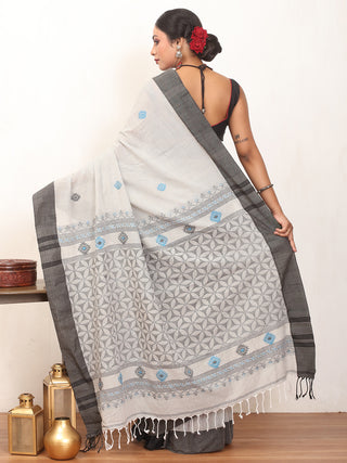 Light Grey And Black Bengal Handloom Khadi Cotton Saree With Geometric Weaves