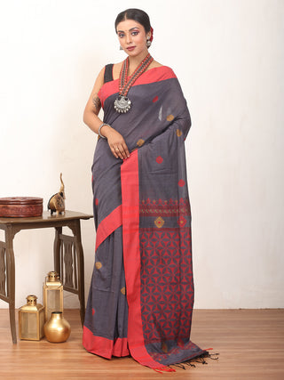 Greyish Blue And Red Bengal Handloom Khadi Cotton Saree With Geometric Weaves