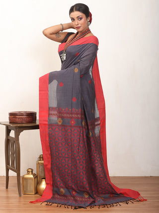 Greyish Blue And Red Bengal Handloom Khadi Cotton Saree With Geometric Weaves