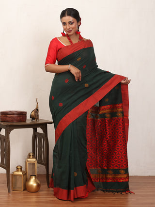 Bottle Green And Red Bengal Handloom Khadi Cotton Saree With Geometric Weaves